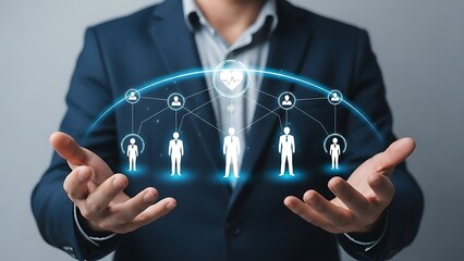 Businessman presenting a glowing network connection with people icons