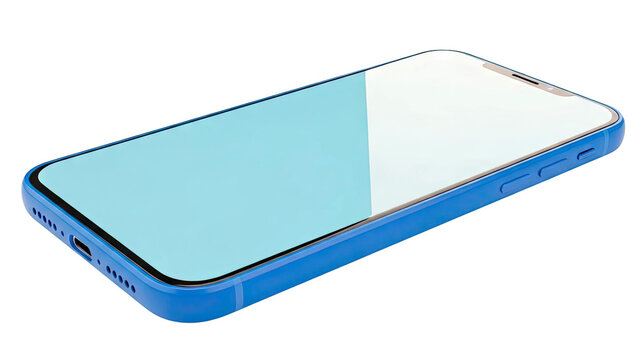 Blue iPhone with light blue screen on white background