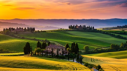 Golden hour over rolling hills and farmhouses in the tuscan countryside
