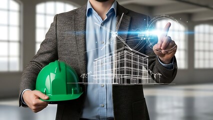 Businessman interacting with futuristic building design in modern office