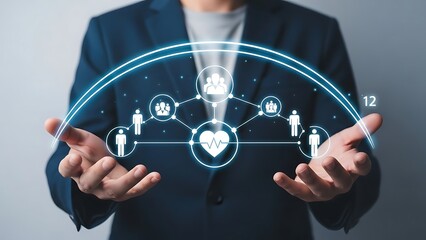 Businessman presenting digital network connection with glowing heart icon