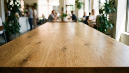 Wide shot of a clean wood texture tabletop with a blurry background