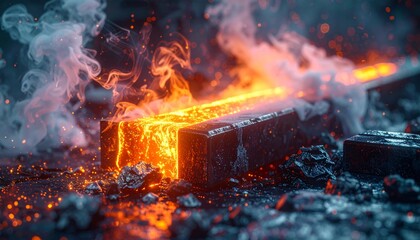 Molten metal being poured into a mold, industrial process, hot liquid metal.