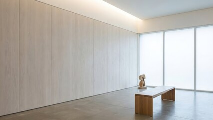 Minimalist wood texture wall in a bright gallery with soft ambient lighting