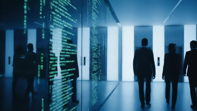 Silhouettes Of Business Professionals Walking Through A Modern Office Lobby With Blue Ambient Lighting Futuristic Cityscape View