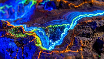 Vibrant abstract landscape with glowing blue and orange lines.