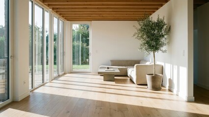 Modern wood texture floor in a minimalist house during a sunny day