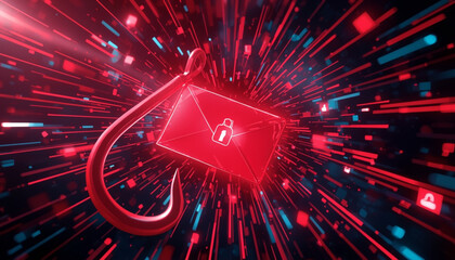 A red hook with an envelope and a person icon is surrounded by vibrant digital lines and shapes