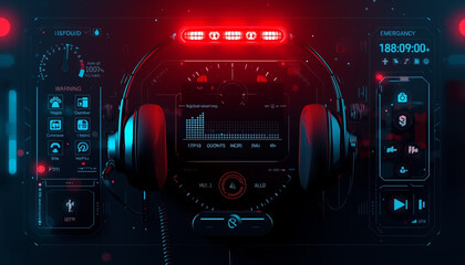 A futuristic dashboard with glowing red lights and headphones in a dark room with various digital screens