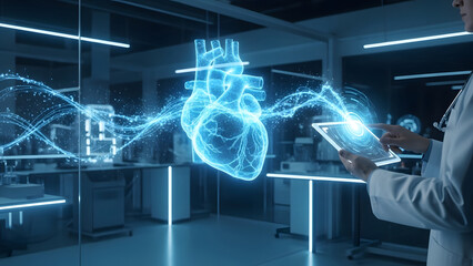 AI medical diagnostics and machine learning advance understanding of holographic heart visualization in a modern laboratory setting.