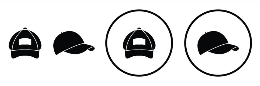 Set of Base ball cap vector icons. Black Baseball hat icons vector on white background. Black silhouette.