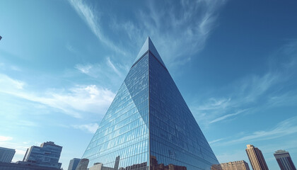 A sleek glass skyscraper stands tall against a clear blue sky with wispy clouds in a modern cityscape
