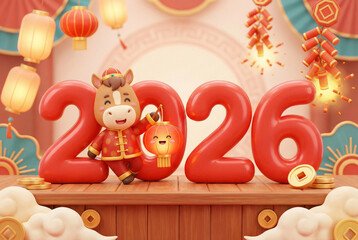 Adorable 3D cartoon horse character standing next to large glossy red 2026 numbers for Lunar New Year