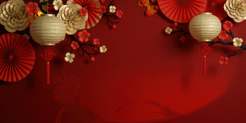 Obraz premium Festive Chinese New Year decorations with traditional lanterns paper fans and plum blossoms on a vibrant red background for celebration and culture
