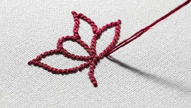 Embroidering a beautiful leaf design with red thread on white fabric.