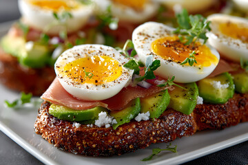 Delicious avocado toasts with ham and boiled eggs on white plate