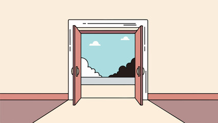 Fototapeta premium Minimalist interior with open doorway revealing serene outdoor landscape with mountains and sky