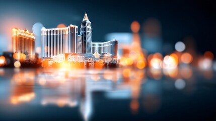 Nighttime casino skyline with glowing lights, gambling theme, editorial travel stock image 
