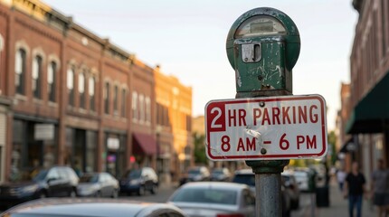 Road sign indicating two-hour parking limit with time restrictions, positioned on a street lined with historic buildings and parked vehicles, conveying urban parking regulations
