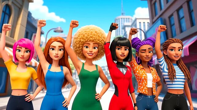 Diverse group of animated women raising fists in solidarity on International Women's Day, celebrating female empowerment and unity in a city street.