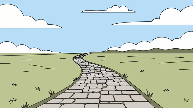 Winding cobblestone path in a tranquil natural landscape with rolling hills and a clear blue sky