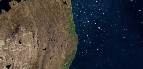 Aerial Satellite View of Greenland Rocky Coast and Sea Ice