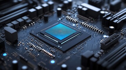 Microchip on motherboard. Electronic circuit board close-up. Advanced technology CPU processor for modern computers