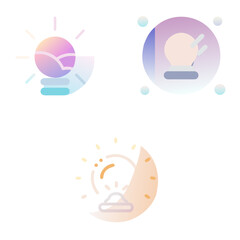 Three minimalist icons with a gradient design style. The top left icon features a sun rising over waves