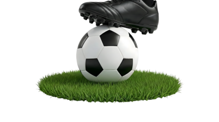 A soccer cleat balances on top of a soccer ball on a patch of green grass on transparent background