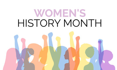 Womens History Month highlights women of all nationalities standing together to demand equal rights and shared opportunities. Banner poster, flyer and background design template.