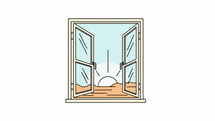 Naklejka premium Minimalist illustration of an open rectangular window with hinges and handles framing a serene landscape with a pastel blue sky and rolling hills