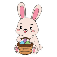 Happy Bunny Holding Basket Filled with Colorful Decorated Eggs Illustration Vector Isolated on White Background