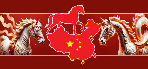 horse and abstract flag colors background of China, simplified symbol shape of the map of China 
