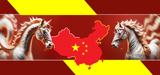 horse and abstract flag colors background of China, simplified symbol shape of the map of China 