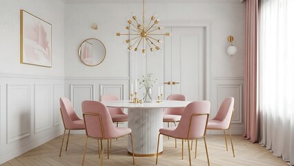 Elegant Dining Room with Pink Velvet Chairs and Marble Table.