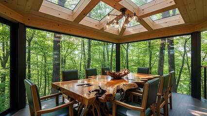 Modern dining room with large wooden table and chairs surrounded by lush green forest through glass walls and ceiling.