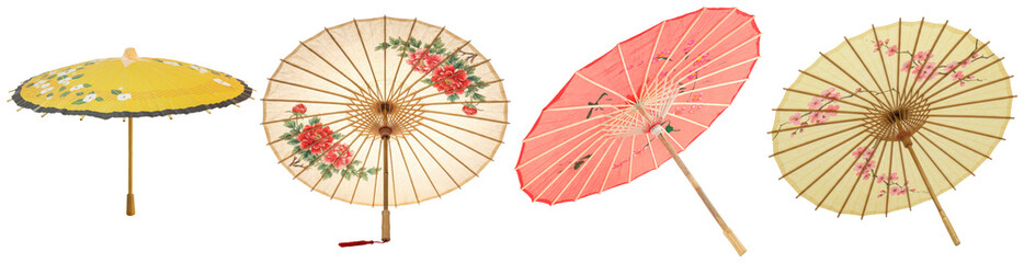 four vibrant japanese paper umbrellas, adorned with beautiful patterns, symbolizing culture, elegance, and grace. © CultureAndReligionPN
