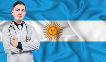 Portrait of medical professional on Argentina flag background. Argentine national health system