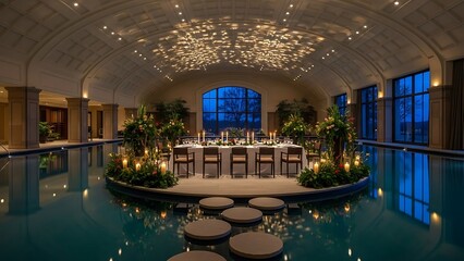 Elegant indoor swimming pool with a formal dining table set for a special occasion.