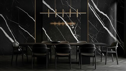 Modern Luxury Dining Room with Black Marble Walls and Elegant Chandelier.
