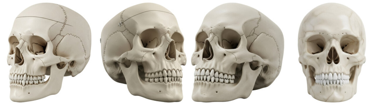 a comprehensive collection of realistic 3d human skull models, showcasing various perspectives and intricate anatomical details.