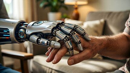 AI robot holding elderly person's hand - compassionate elder care technology