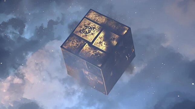 A mysterious ancient cube floats in the sky surrounded by clouds and stars at night