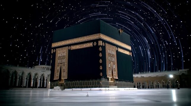 The Kaaba in Mecca Saudi Arabia shines brightly at night with people gathered around it under the stars