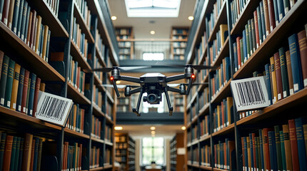 Inventory drone scanning barcodes in modern library - futuristic automation and logistics technology