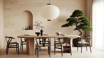 Modern Dining Room with Bonsai Tree and Asian Inspired Decor.