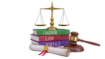 Scales of Justice, Law Books, Gavel, and Scroll on White Background