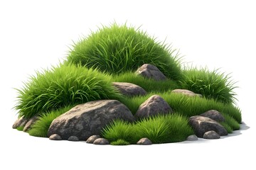 Isolated 3D Illustration of a Lush Green Grass Patch with Natural Stones and Rocks