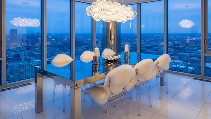 Modern dining room with panoramic city views at dusk.