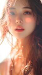 Portrait of a young beautiful Asian woman with the sunlit face. Pretty lady with makeup on her face
